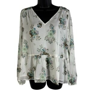 LOFT Floral Print V Neck Ruffle Blouse Women's Sz Medium White Sheer Long Sleeve